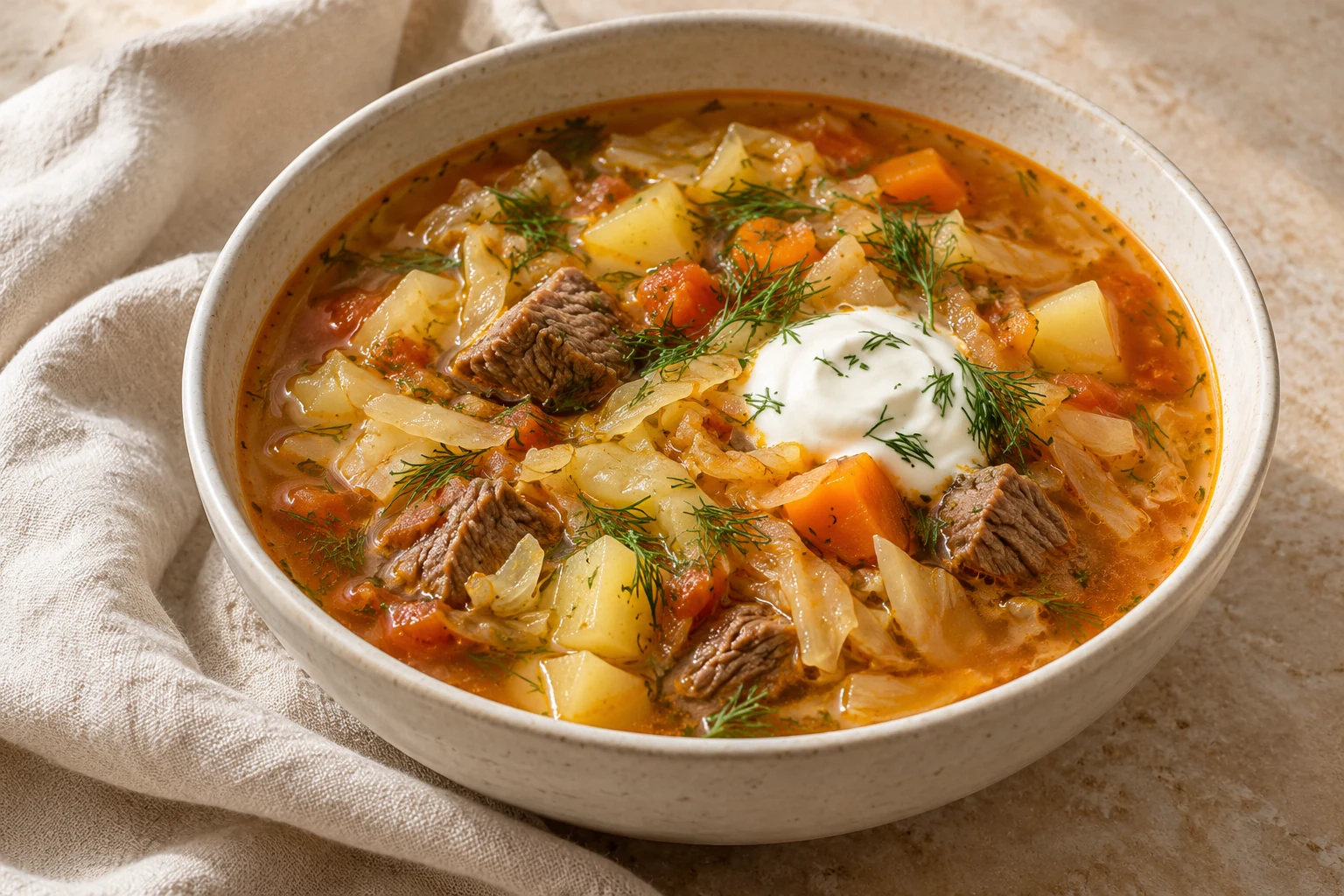 Pale golden cabbage soup with small beef chunks, potato and carrot pieces, a modest sour-cream dollop, and loosely scattered dill