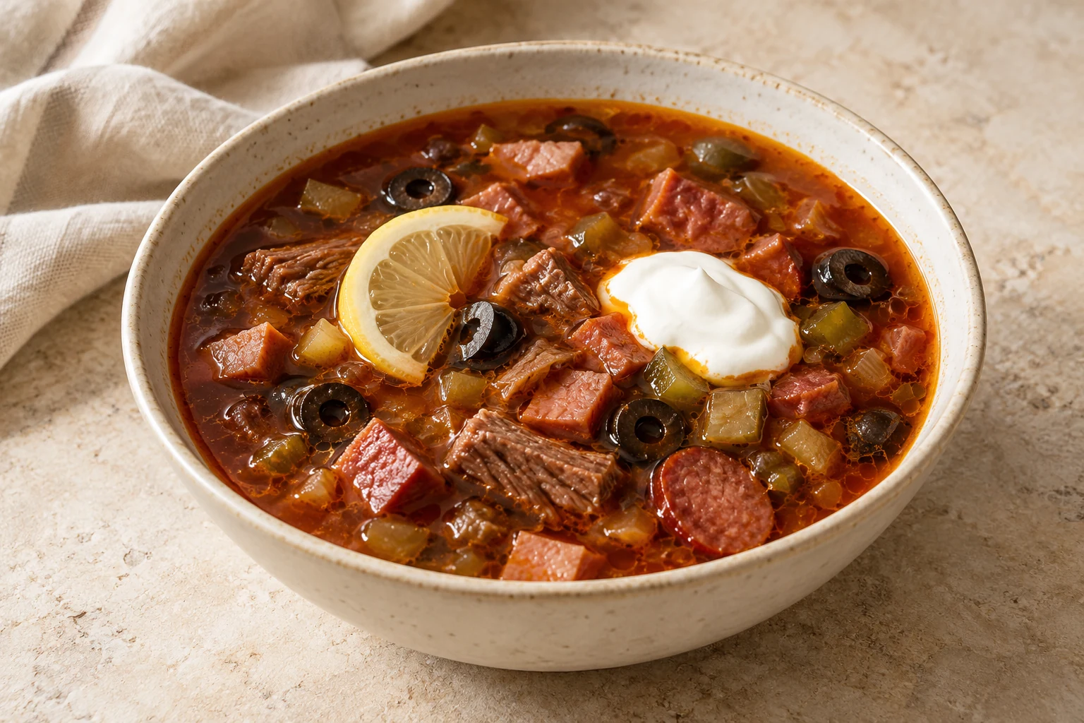 Red-brown soup with irregular beef, ham, sausage, and pickle pieces, sliced black olives, a lemon half-slice, and a small sour-cream dollop