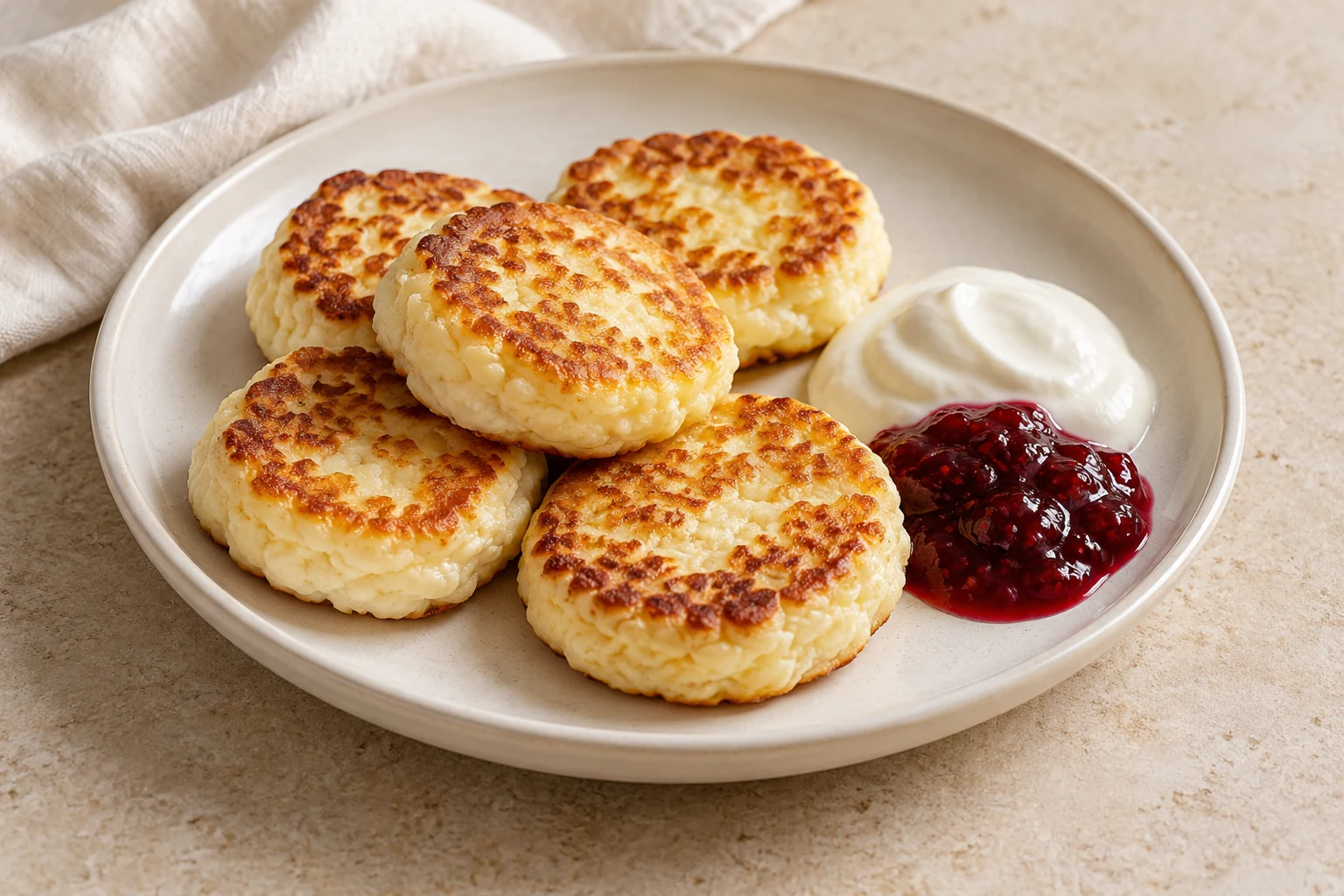 Small thick golden farmer-cheese pancakes with uneven browning, a spoonful of sour cream, and berry jam alongside, without fresh fruit