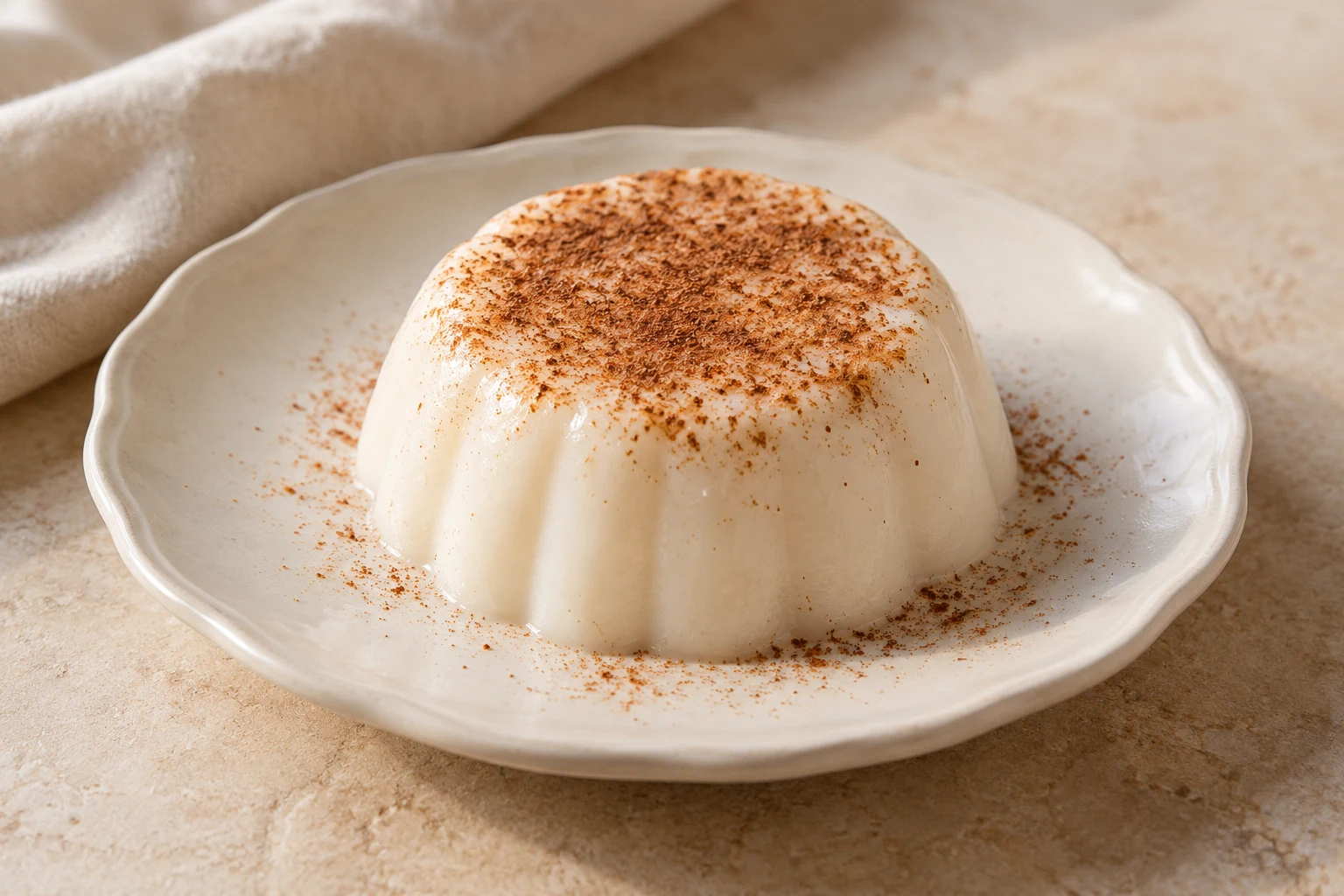 White molded coconut pudding with a smooth gently curved surface and light irregular cinnamon dusting, without fruit or other garnish