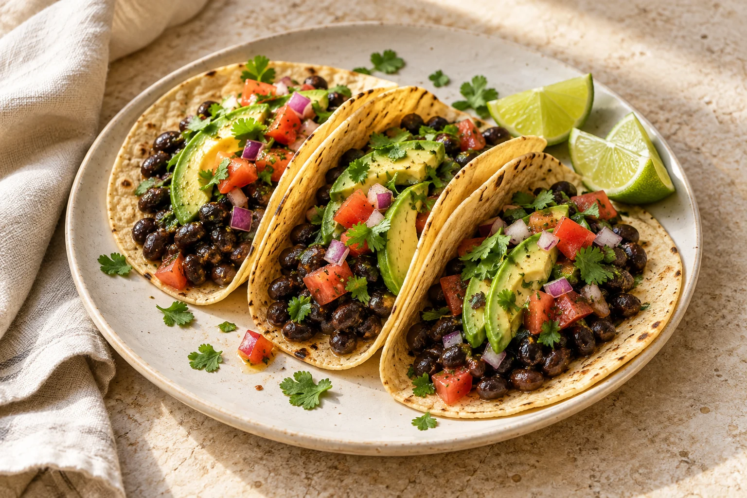 Corn tortillas filled with black beans, avocado, tomatoes and cilantro