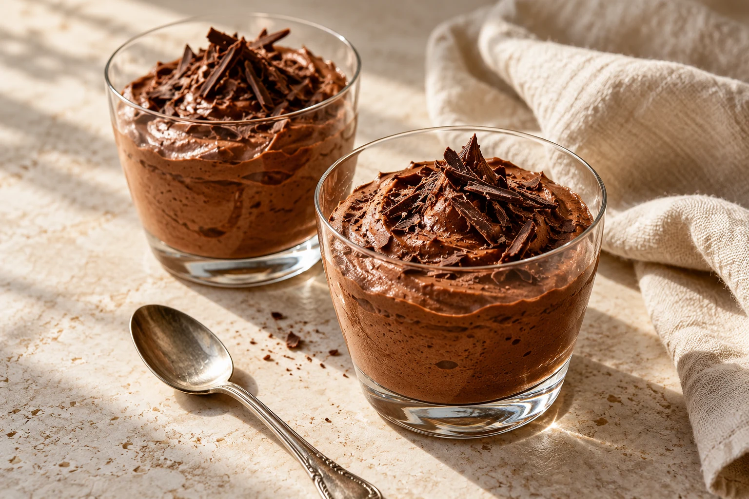 Small glasses of dark chocolate mousse topped with chocolate shavings
