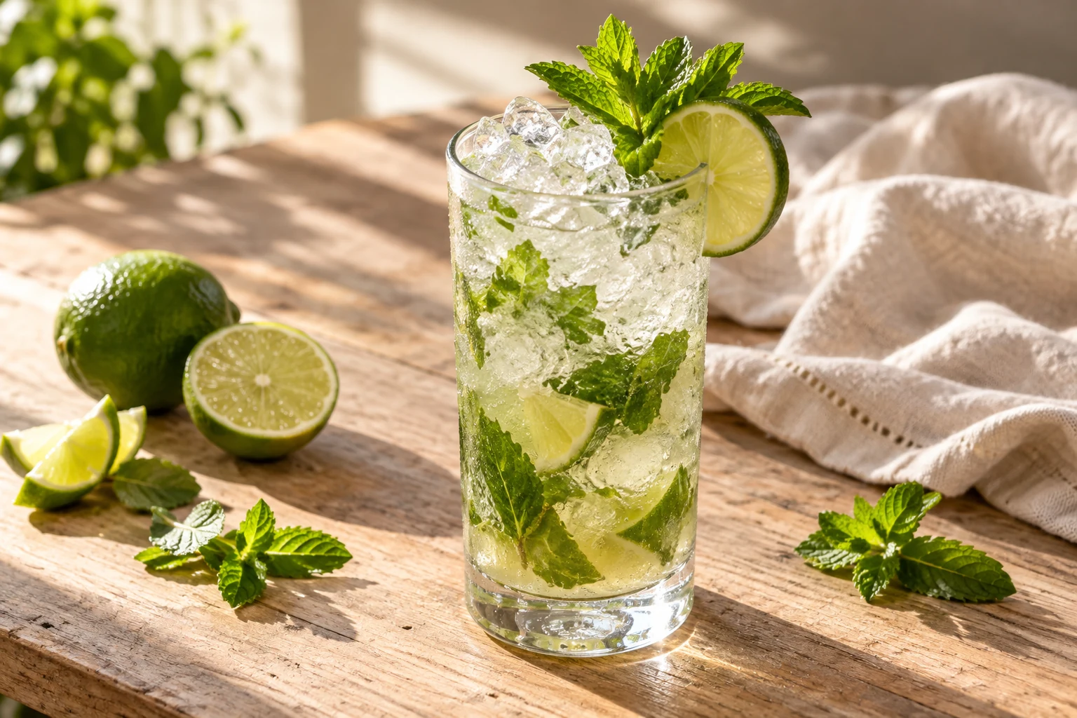 A lime and mint mojito with crushed ice in a tall glass