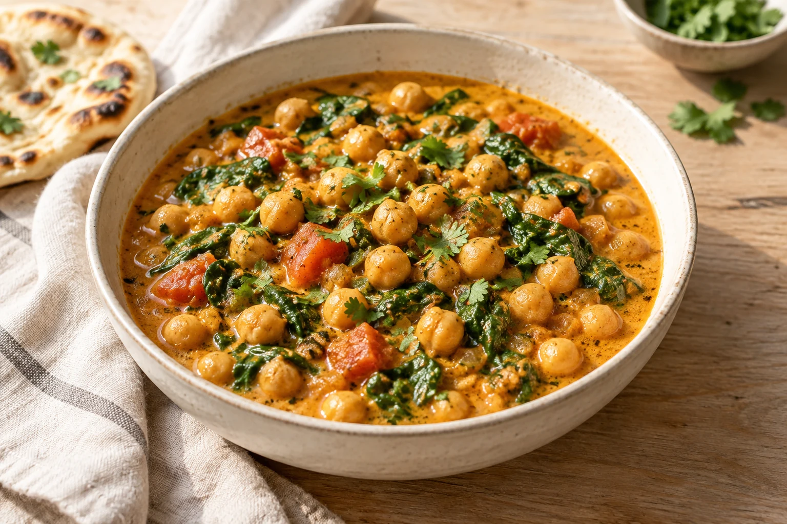 Chickpeas and spinach in a golden coconut and tomato curry