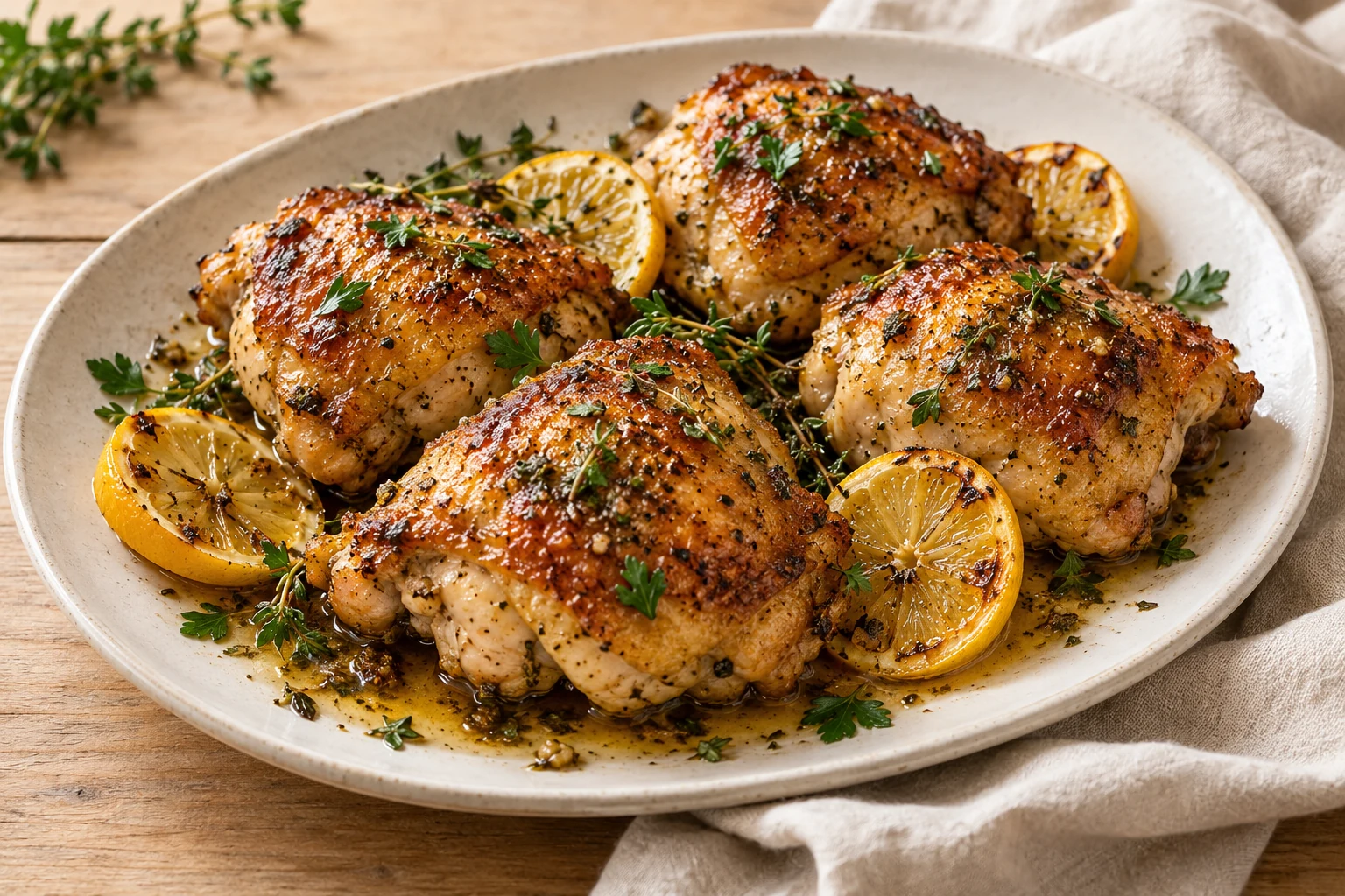 Golden roasted chicken thighs with lemon and green herbs