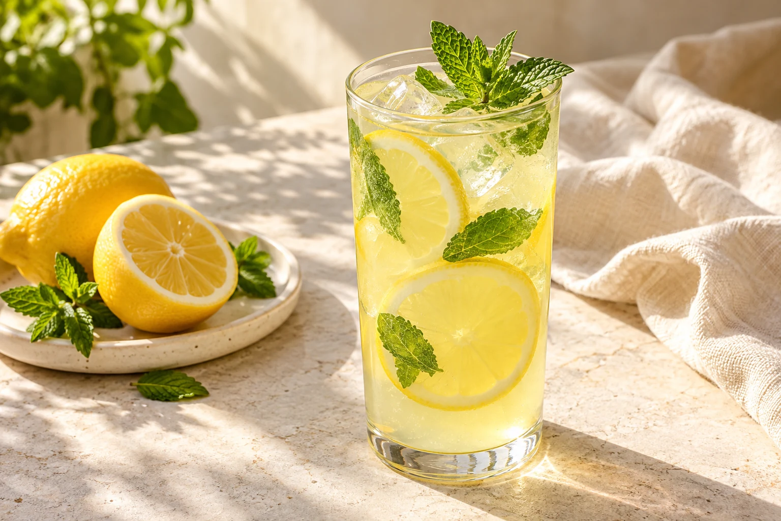 Pale lemonade with fresh mint and lemon slices in an ice-filled glass