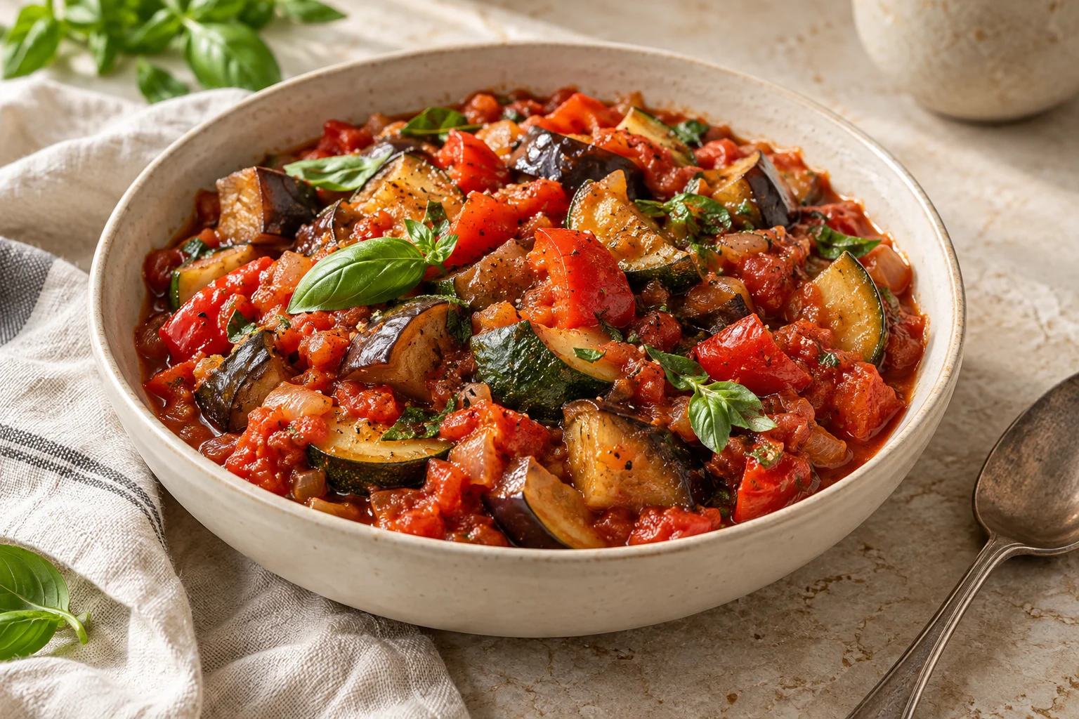 Rustic stew of eggplant, zucchini, peppers and tomatoes in a ceramic bowl