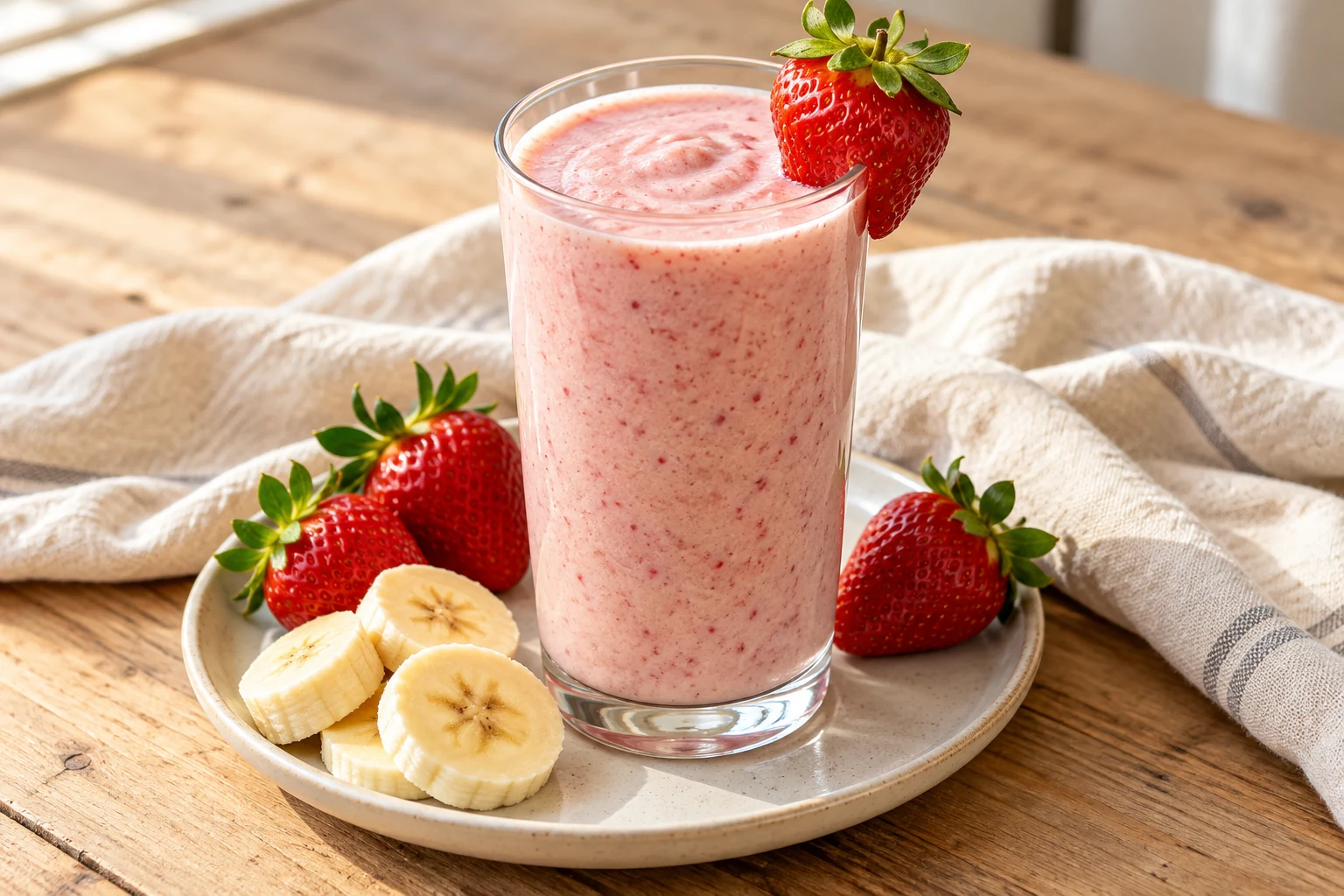 A pink strawberry and banana smoothie with fresh fruit nearby