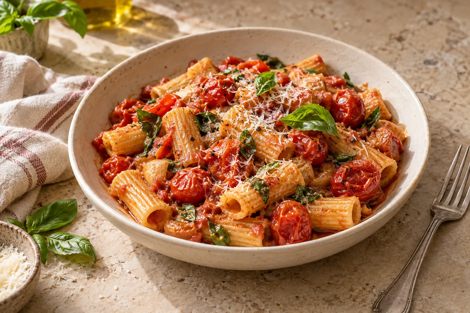 Rigatoni with roasted cherry tomatoes, basil and Parmesan in an ivory bowl