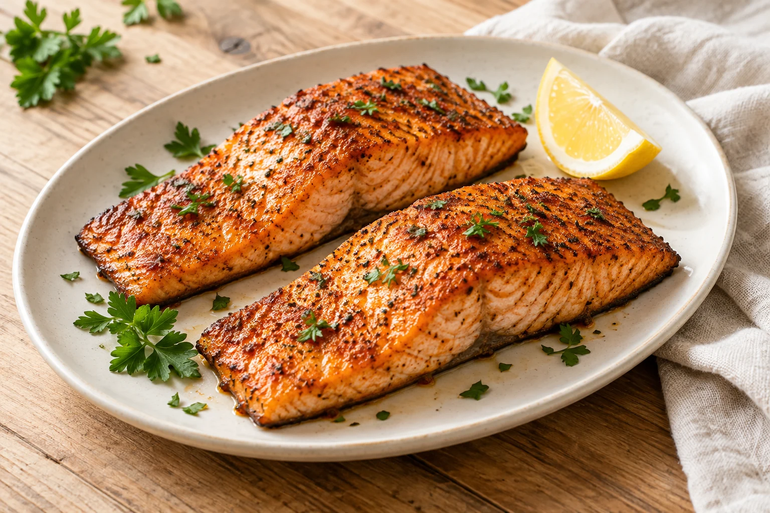 Golden paprika-seasoned salmon portions with crisp edges and lemon on an ivory plate