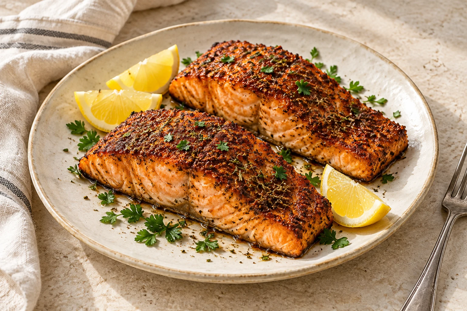Salmon with a deep russet spice crust, parsley, and lemon wedges