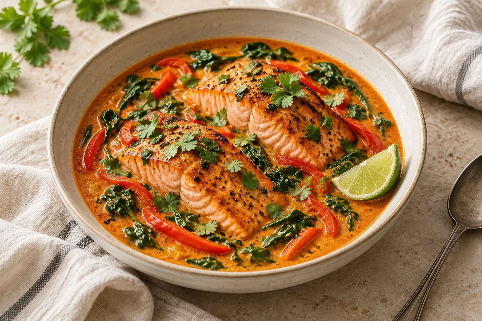 Salmon in a reddish coconut curry sauce with red pepper, spinach, cilantro, and lime