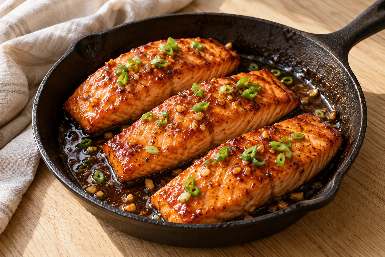 Salmon fillets coated in a glossy honey garlic glaze with sliced scallions