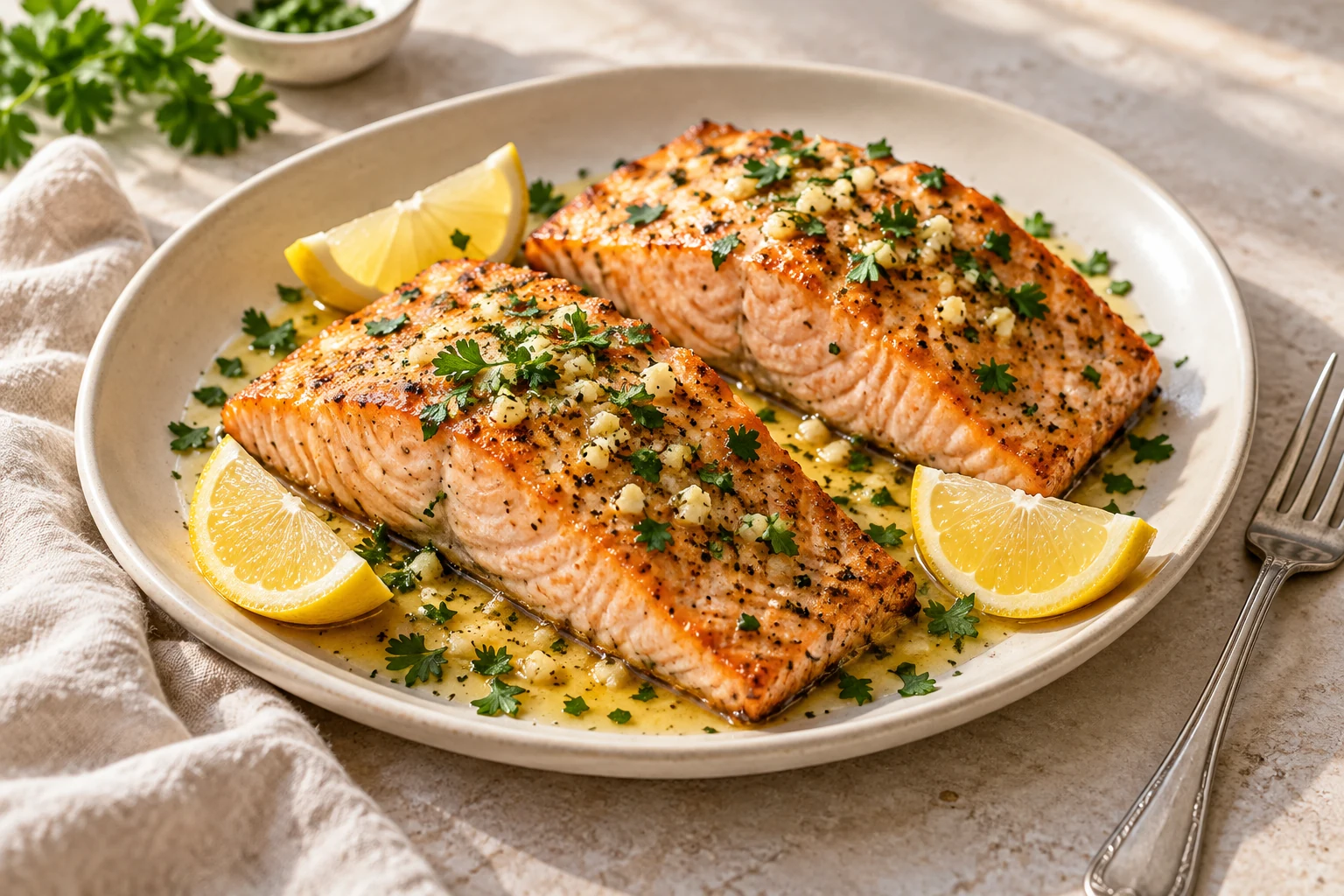 Roasted salmon with lemon, parsley, and garlic butter on an ivory platter