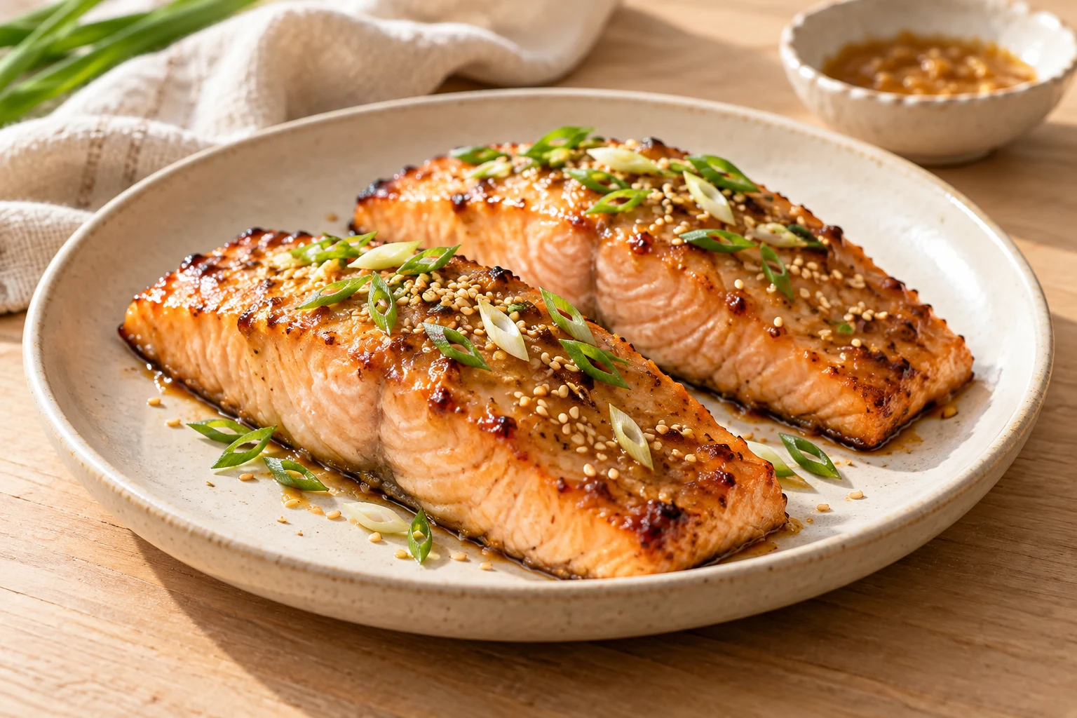 Golden miso-glazed salmon with sesame seeds and scallions on a ceramic plate