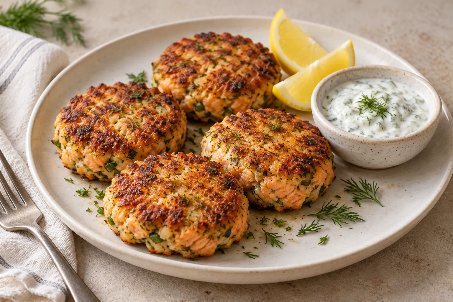 Golden salmon cakes with green herb flecks, lemon wedges, and dill yogurt sauce