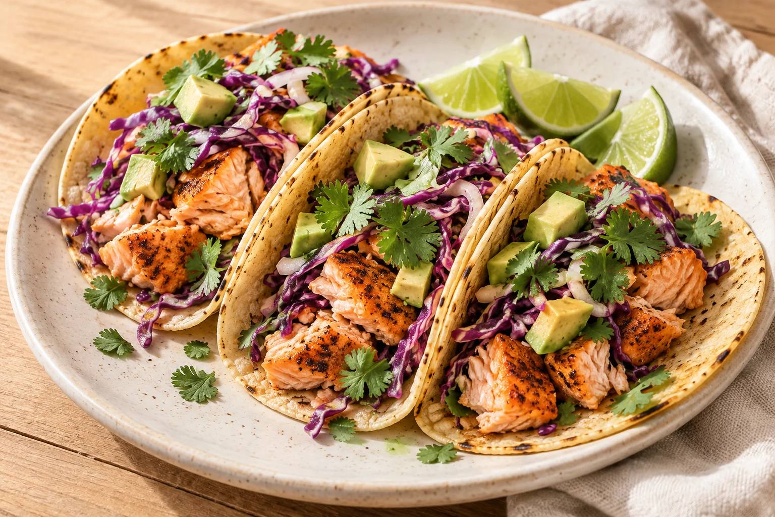 Corn tortillas filled with cooked salmon, purple cabbage slaw, avocado, cilantro, and lime