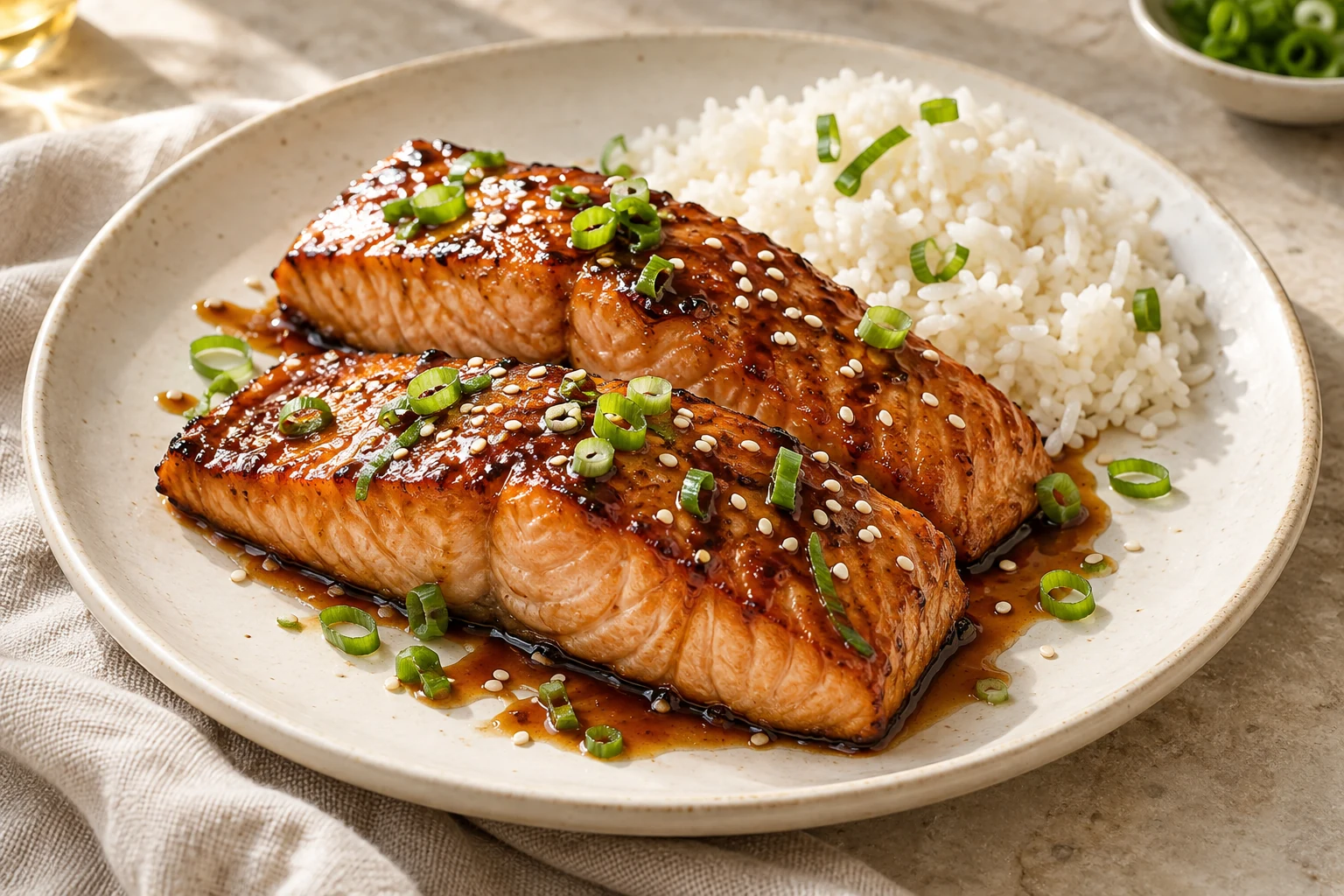 Teriyaki-glazed salmon with sesame seeds and scallions beside white rice