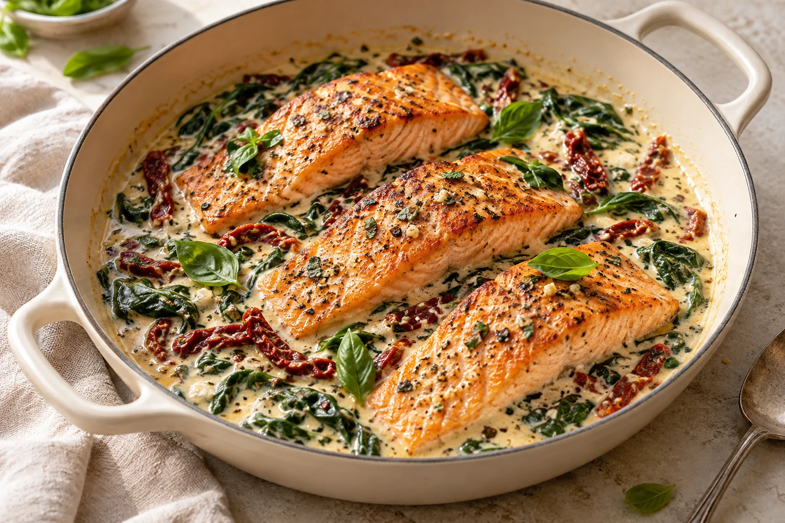 Salmon fillets in a creamy sauce with spinach, basil, and sun-dried tomatoes