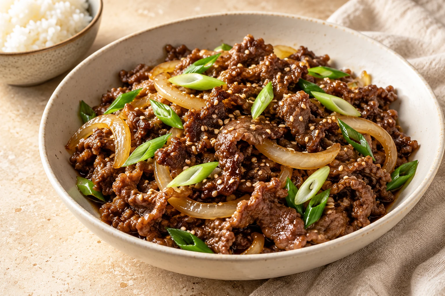 Thin browned beef slices with onion, scallions, sesame seeds, and a glossy soy marinade