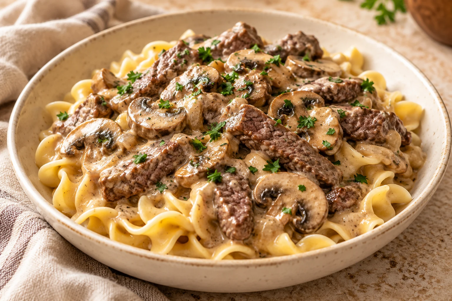 Browned steak strips and mushrooms in a creamy sauce over egg noodles with parsley