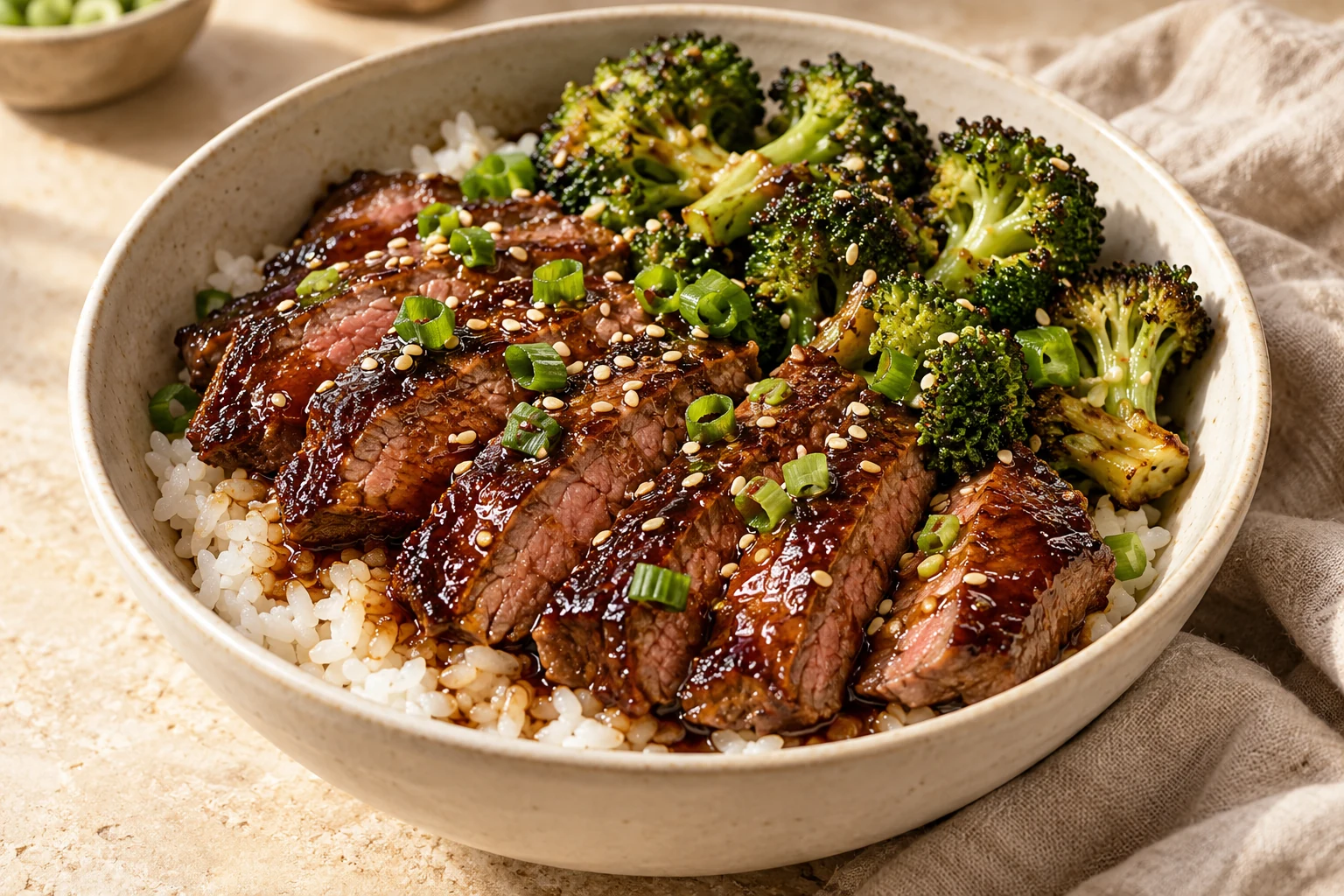 Glossy teriyaki steak slices over white rice with broccoli, scallions, and sesame seeds