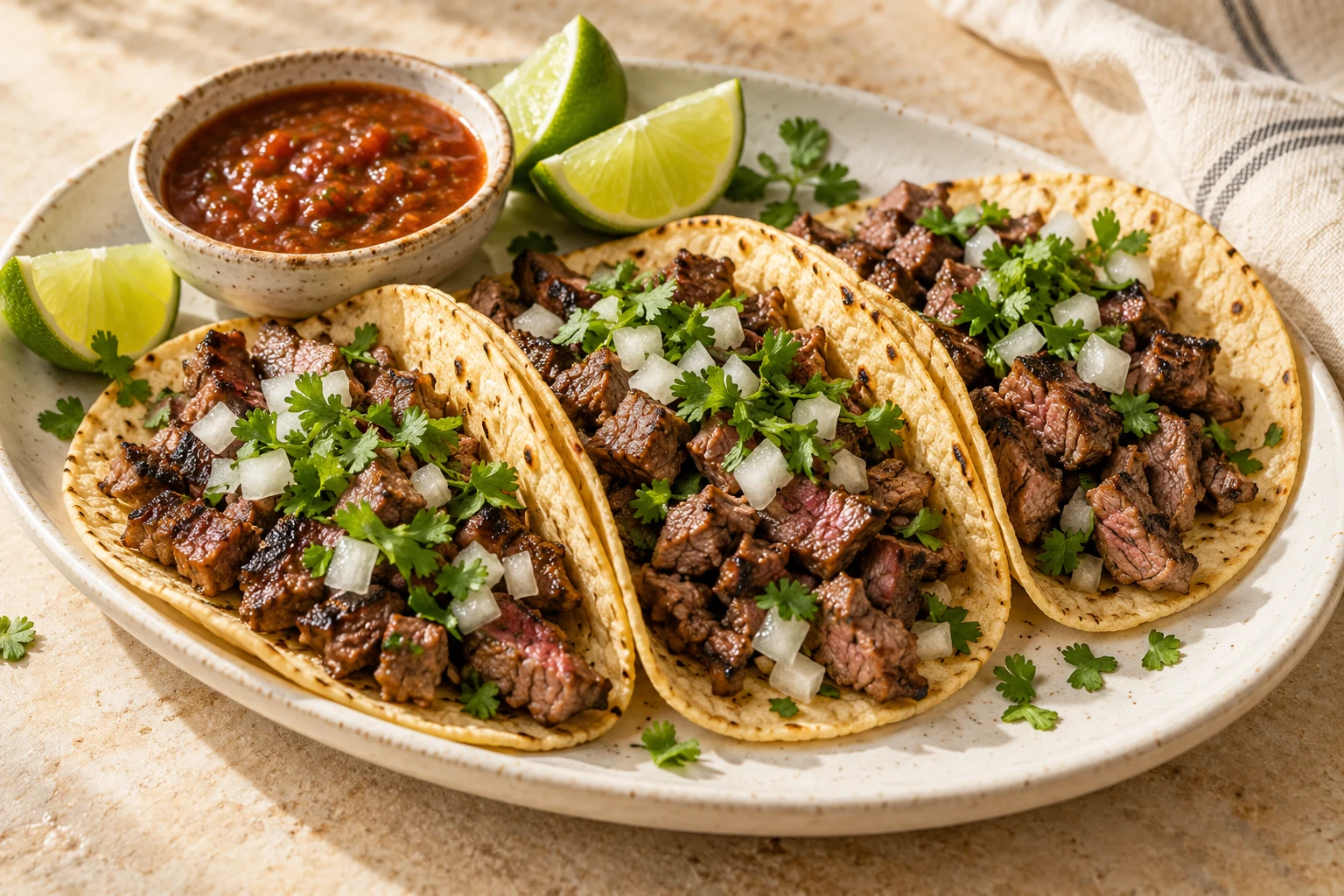 Corn tortillas filled with chopped grilled steak, white onion, cilantro, and lime wedges