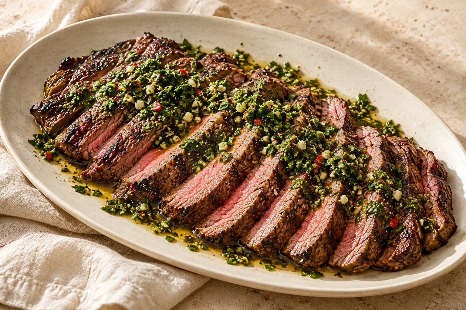 Sliced seared flank steak topped with chopped green parsley and garlic chimichurri