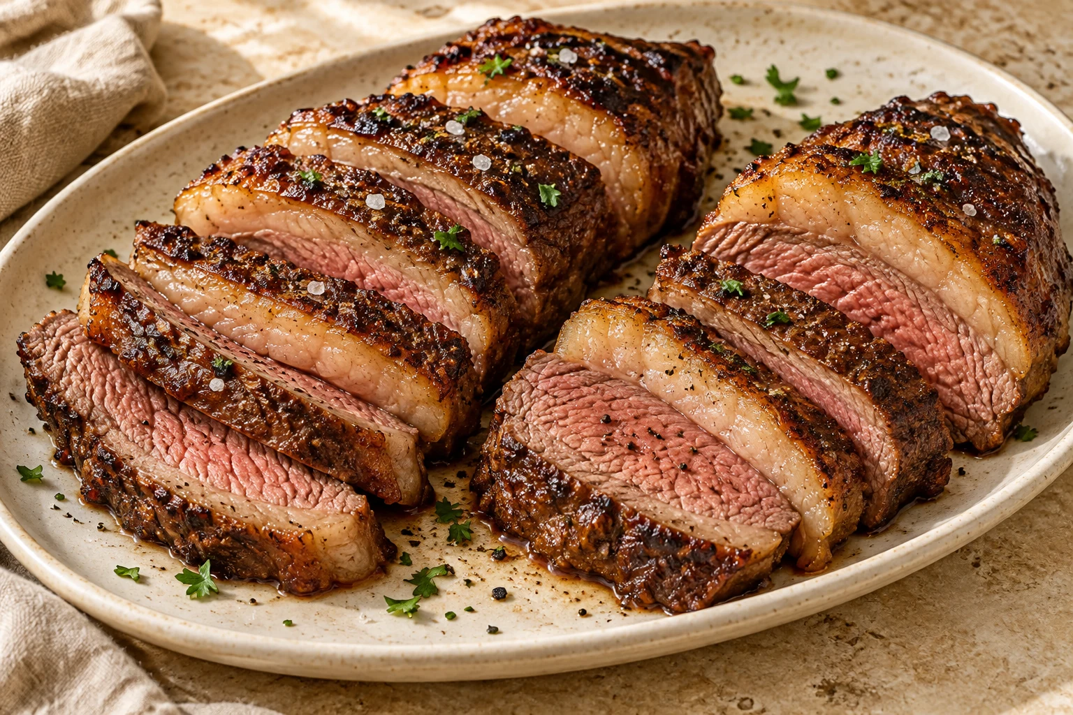 Sliced grilled picanha steaks with a golden rendered fat cap and a little coarse salt