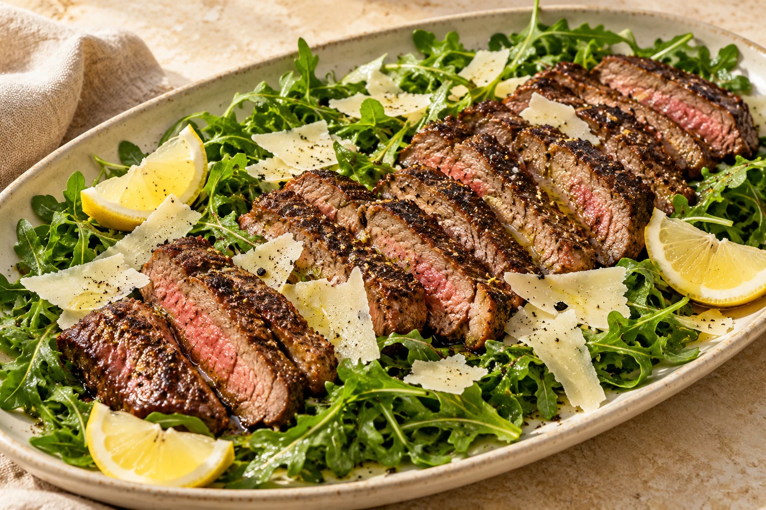 Sliced seared steak over arugula with broad Parmesan shavings and lemon wedges