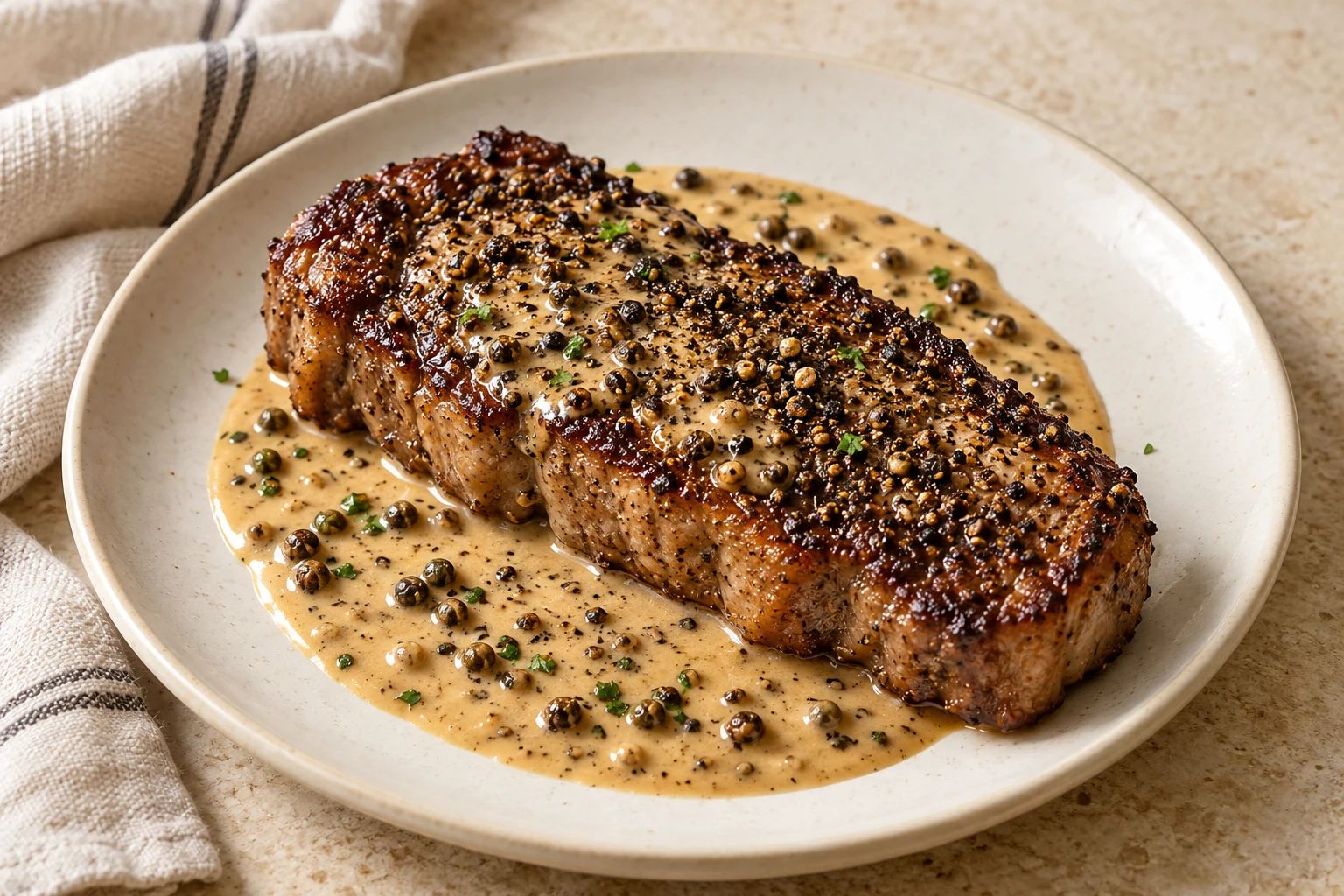 Seared pepper-crusted steak with a glossy peppercorn cream sauce on an ivory plate