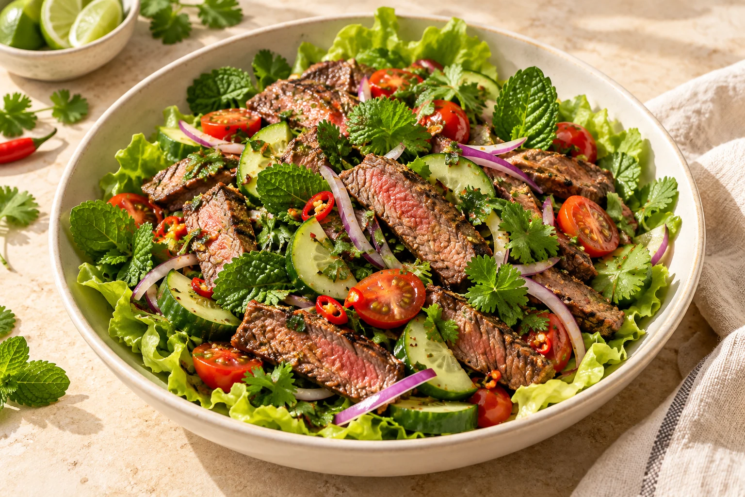 Sliced grilled steak with cucumber, cherry tomatoes, red onion, mint, cilantro, and lime dressing