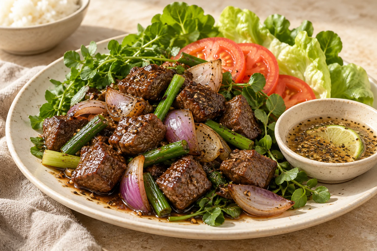 Browned steak cubes and onion over watercress with sliced tomatoes and a small lime-pepper dip