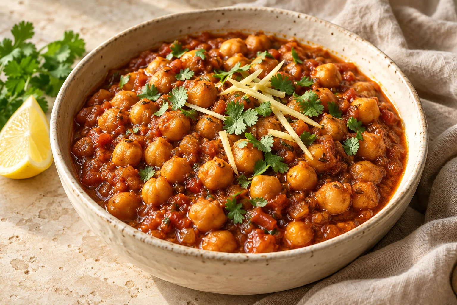 Chickpeas in a thick tomato and onion masala with cilantro, ginger, and lemon