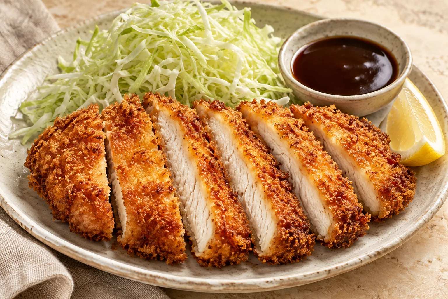Sliced golden panko chicken cutlet with shredded cabbage, lemon, and dark katsu sauce