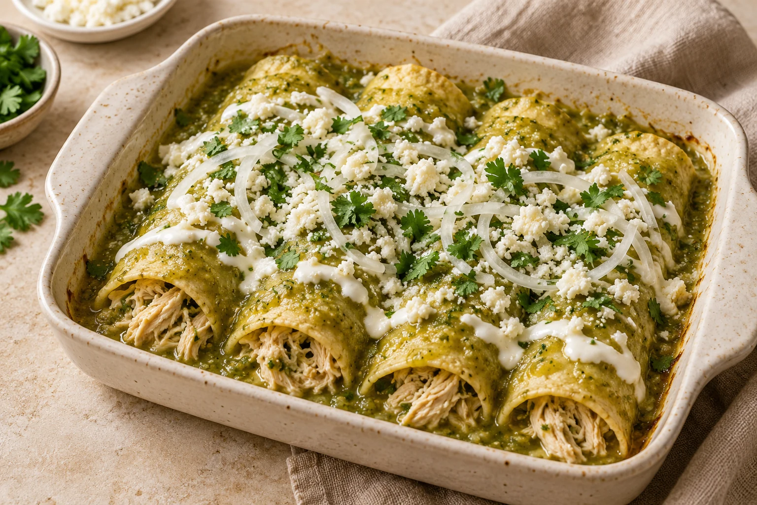 Chicken-filled corn tortillas under green tomatillo salsa with crema, queso fresco, and cilantro