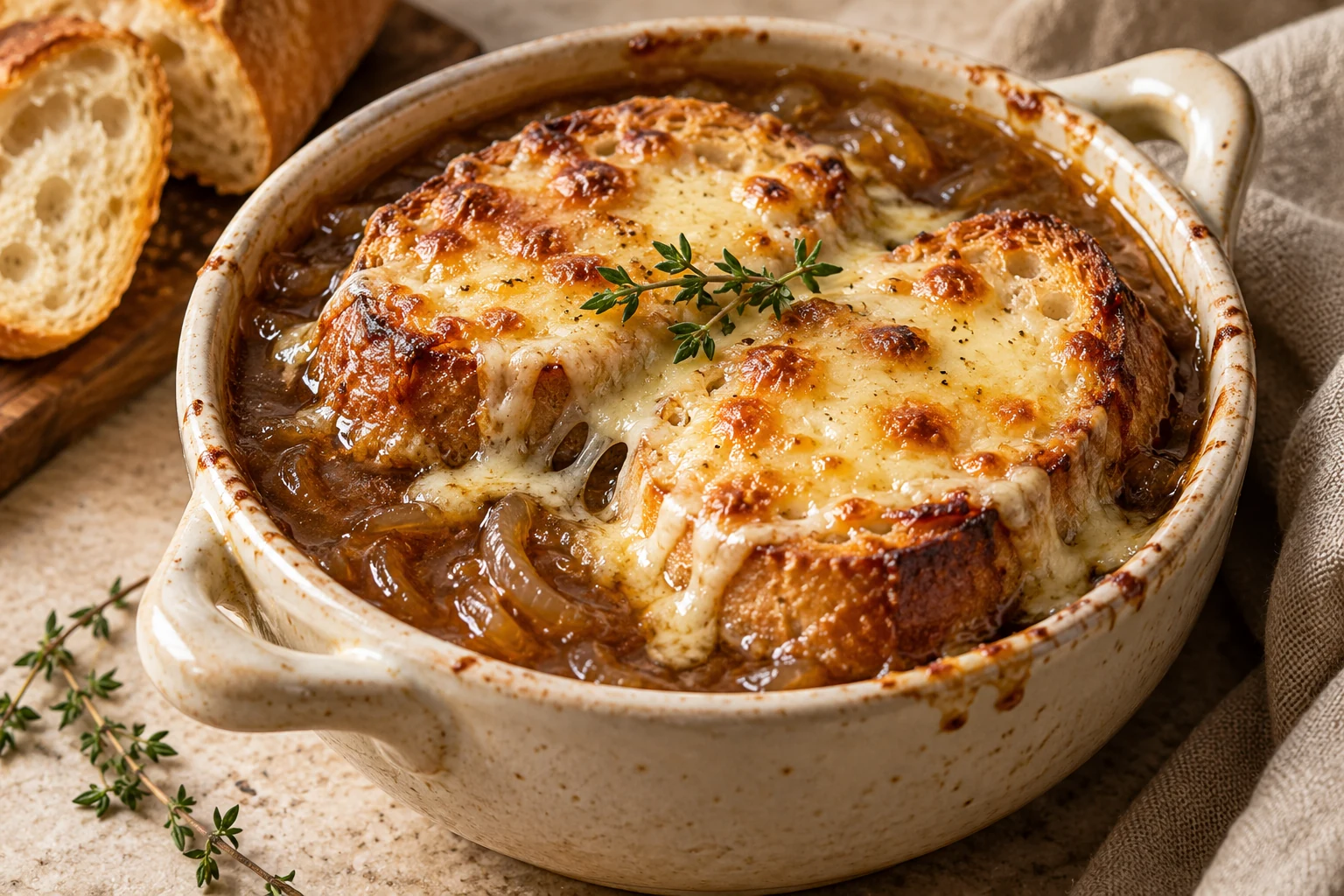 Deep brown onion soup topped with baguette and bubbling golden Gruyère cheese