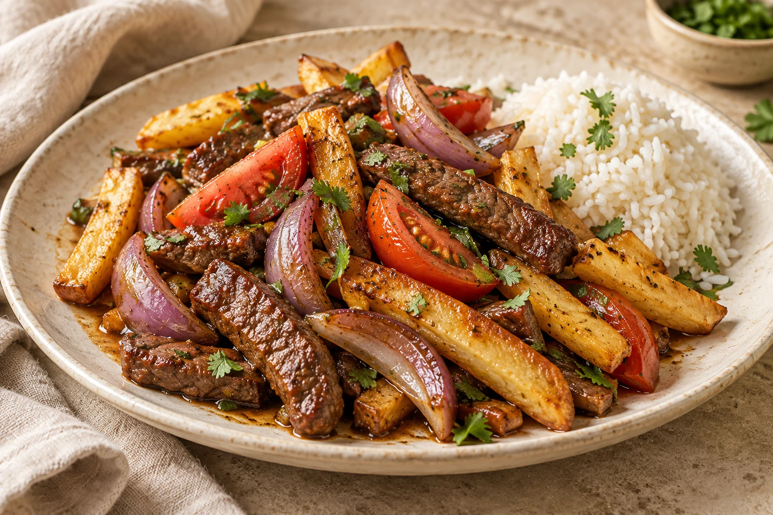 Peruvian beef stir-fry with red onion, tomato, golden fries, cilantro, and a side of white rice