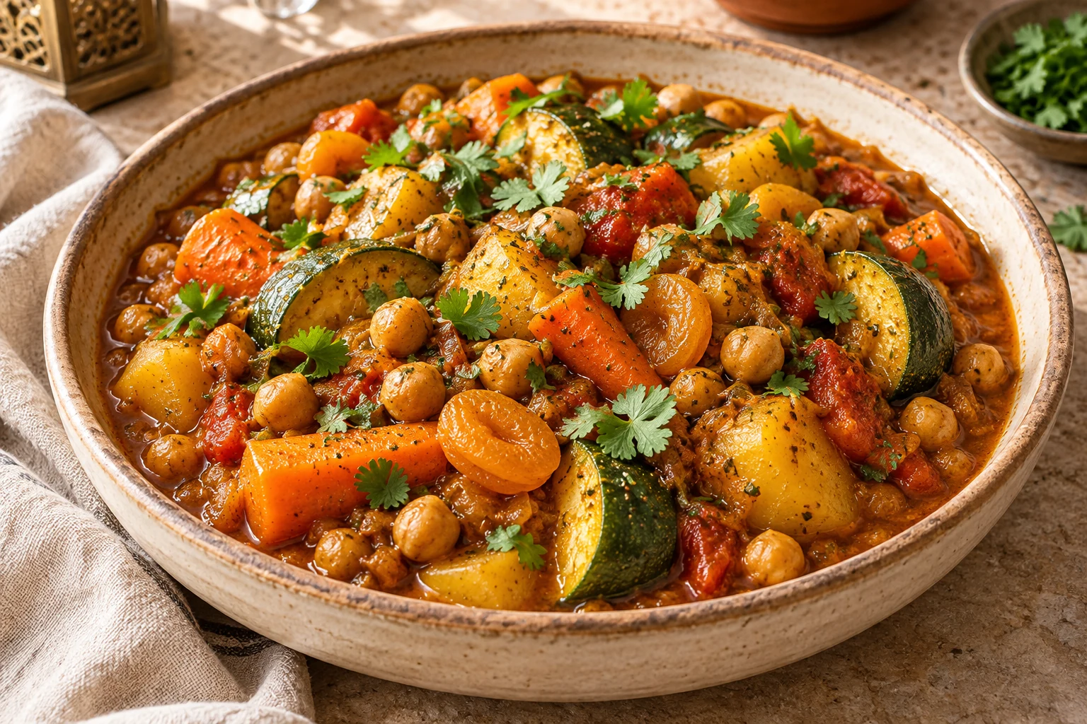 Chunky carrots, potatoes, zucchini, chickpeas, and apricots in a warmly spiced tagine broth