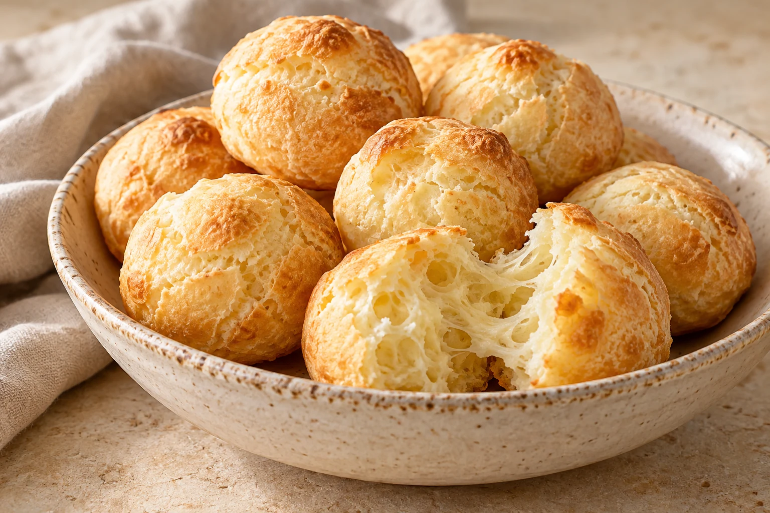 Small golden Brazilian cheese bread rolls, with one opened to show its airy chewy center