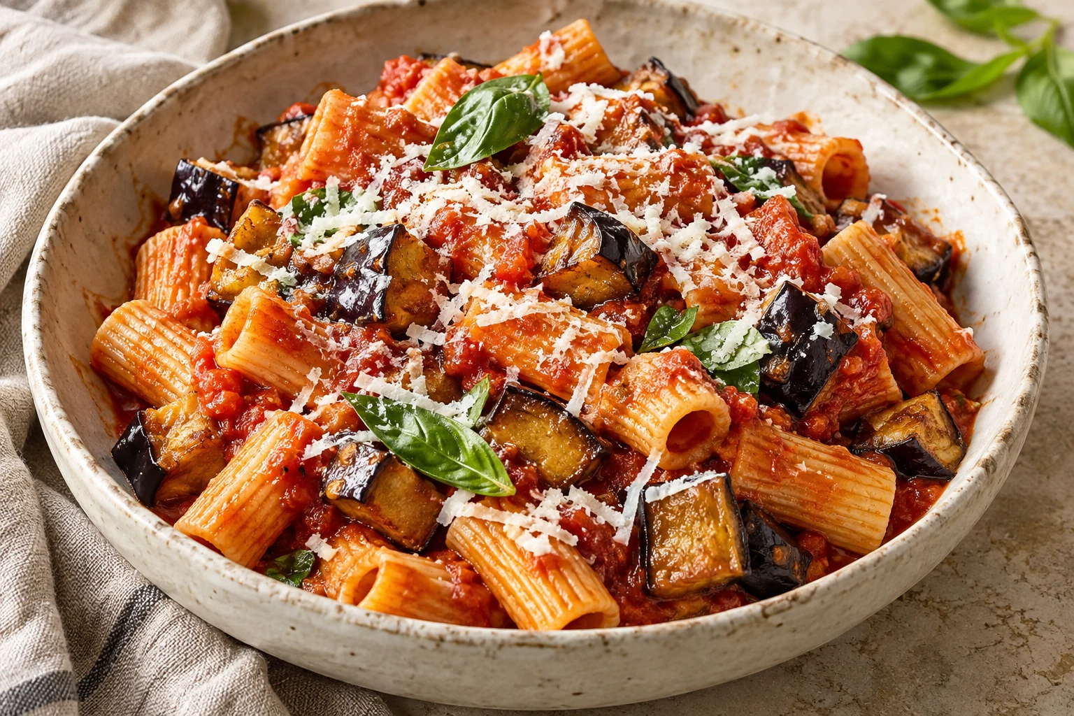 Rigatoni with tomato sauce, golden eggplant, grated ricotta salata, and basil