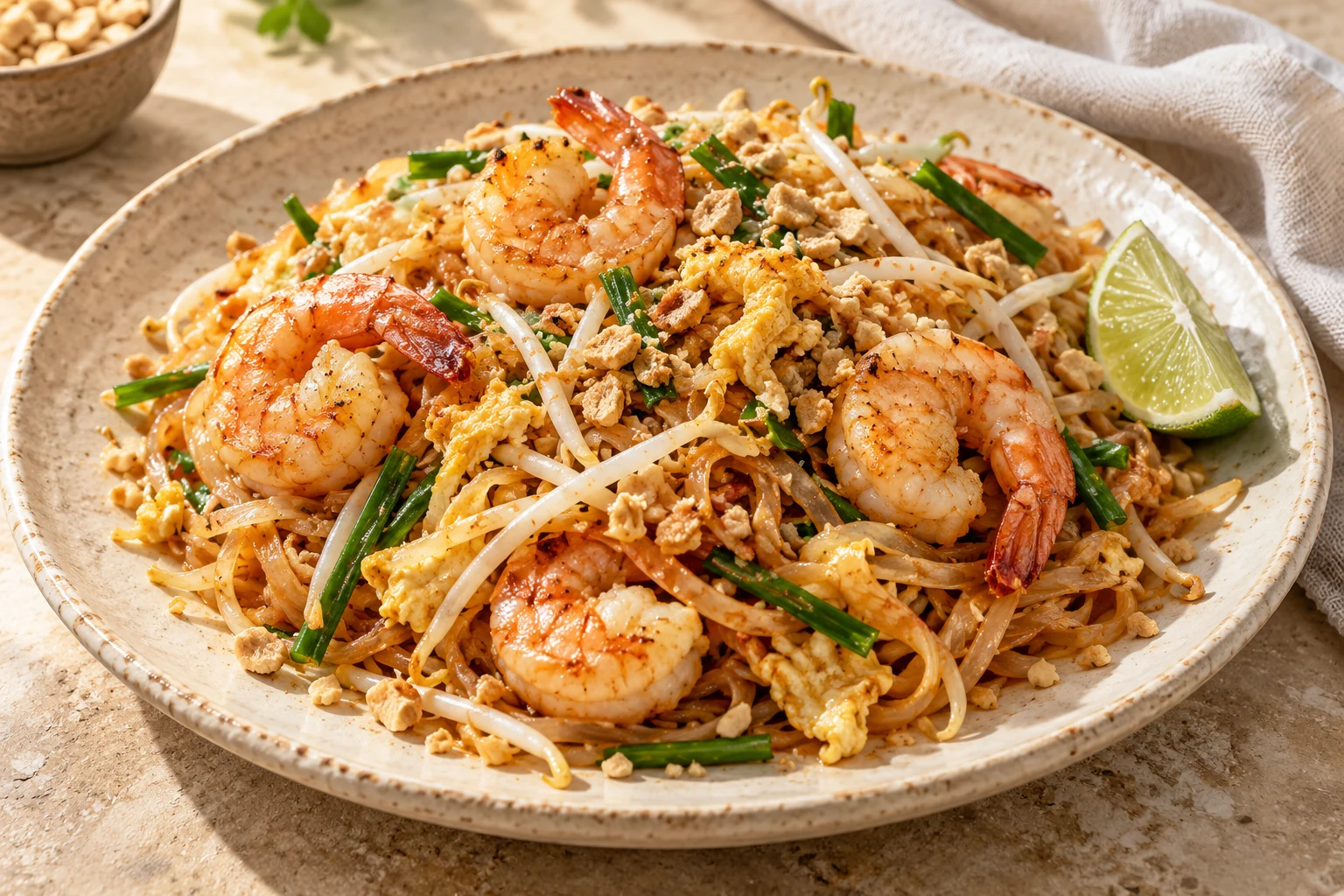 Rice noodles with shrimp, egg, bean sprouts, garlic chives, peanuts, and lime