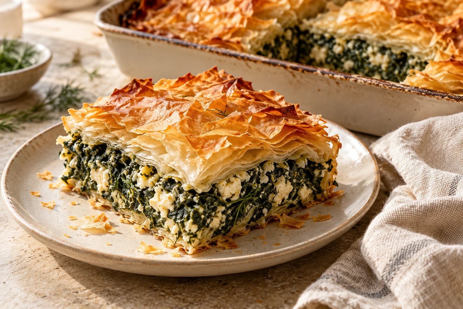Golden layered phyllo pie with a cut slice showing spinach, feta, and herbs